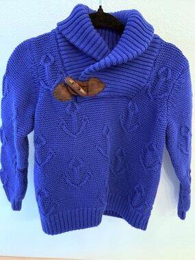 Janie and Jack Boys 2T Blue Nautical Anchor Cable Knit Shawl Collar Sweater